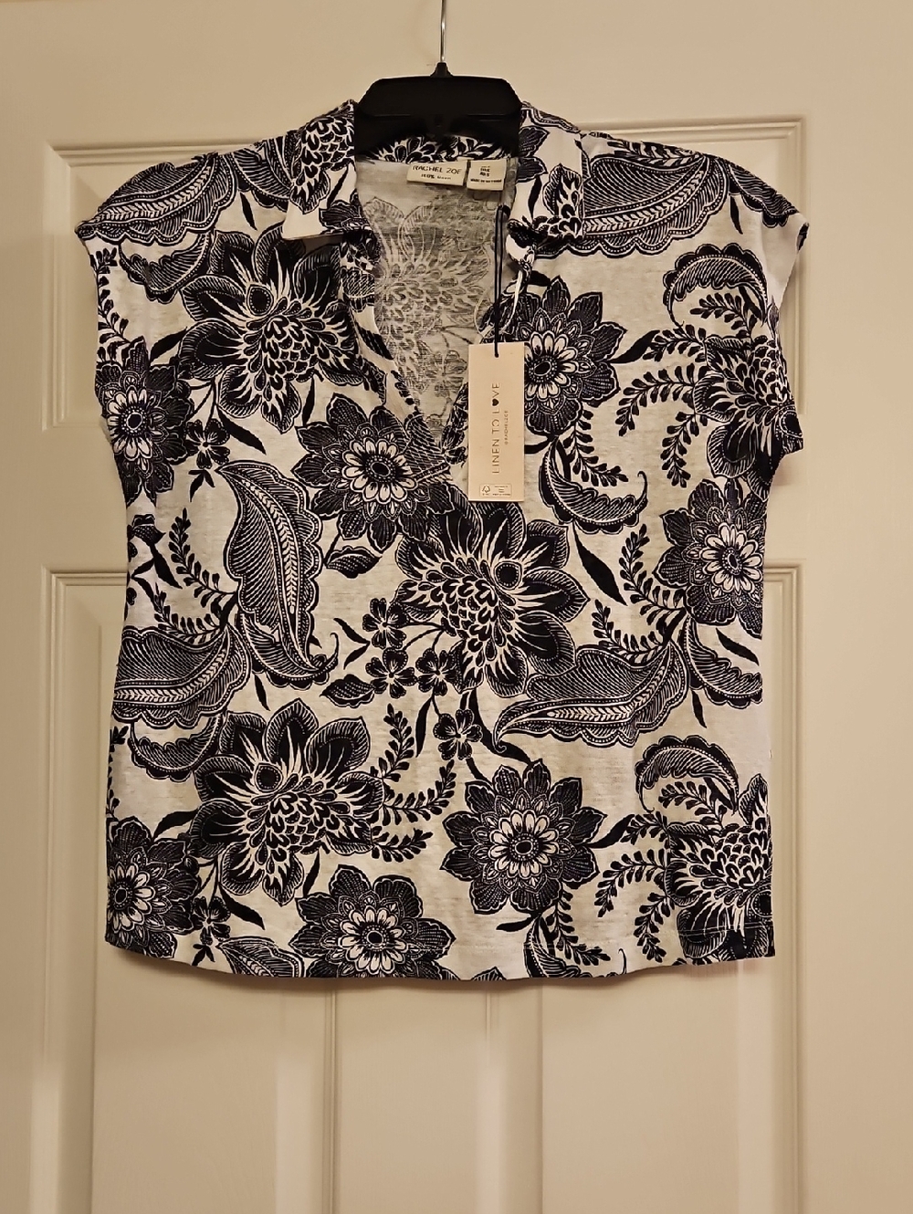Rachel Zoe White Top with Black Floral Print